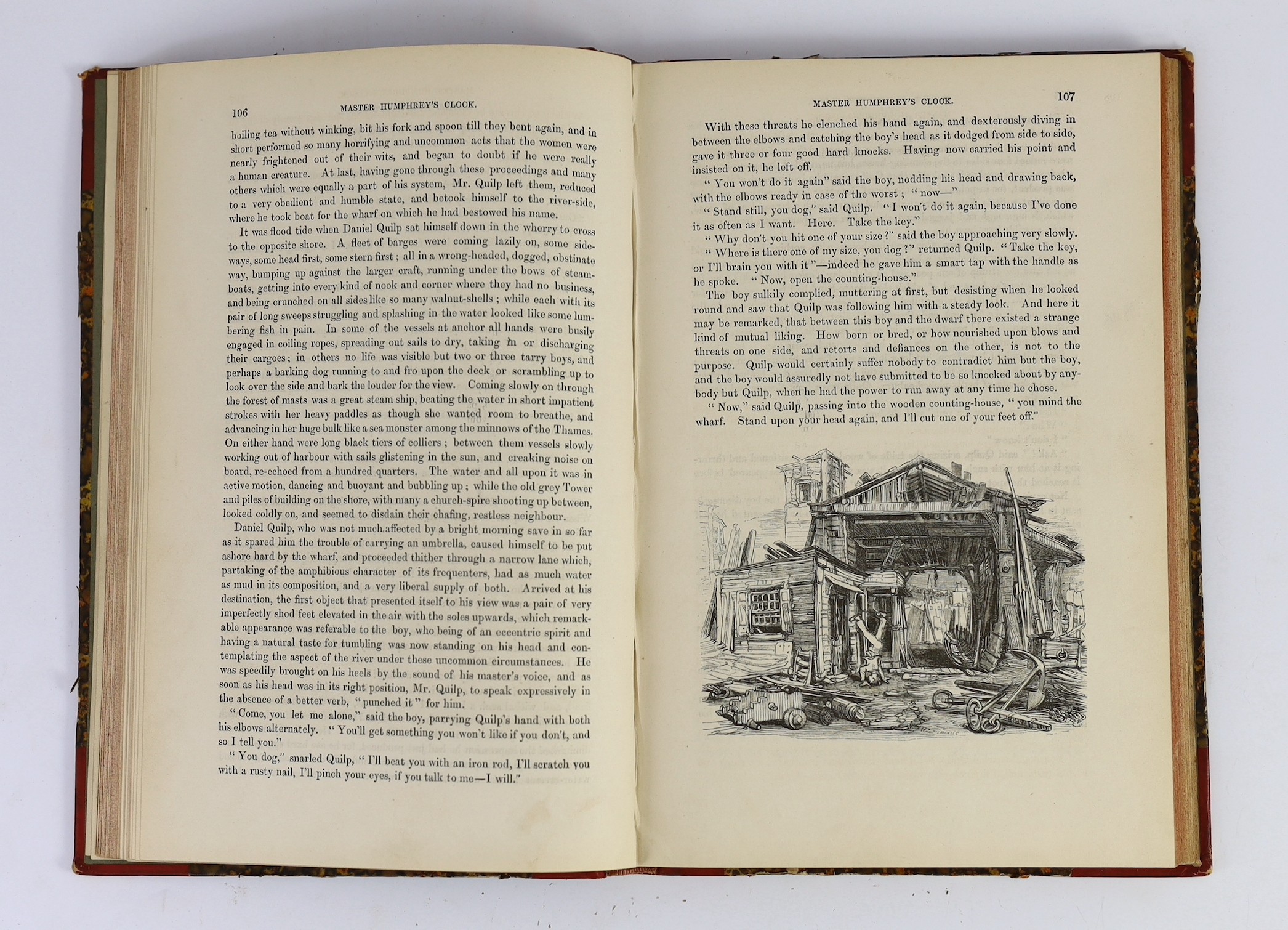 Dickens, Charles - Master Humphrey’s Clock, 1st edition in book form, 3 vols, quarter red calf with marbled boards, illustrated by George Cattermole and Halbot K. Browne (‘’Phiz’’), Chapman and Hall, London, 1840-41